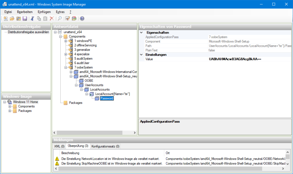 Windows System Image Manager und das Passwort für ein lokales Konto